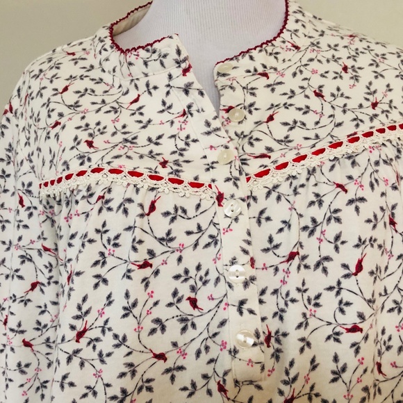 Medium Pullover Nightgown CELESTIAL DREAMS Gray Leaves Red Birds Long Sleeves - Picture 3 of 7